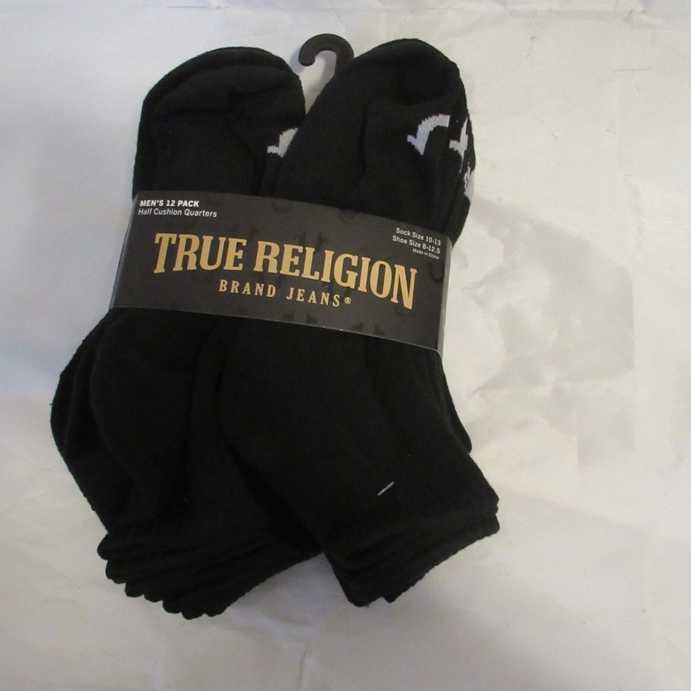New True Religion 12 Pack quarter Ankle Socks Black Fits Size 8-12.5 logo